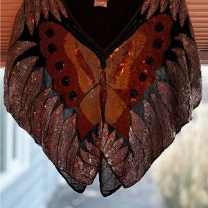 Vintage Butterfly Silk and Sequin Black Top